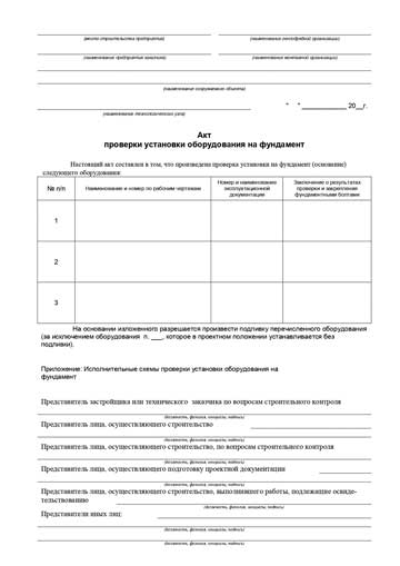 Акт проверки проверки установки оборудования на фундамент